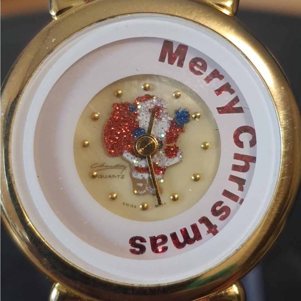 🦋10/$20🦋 Vintage Chantilly Goldtone/White Leather Rotating Christmas Watch